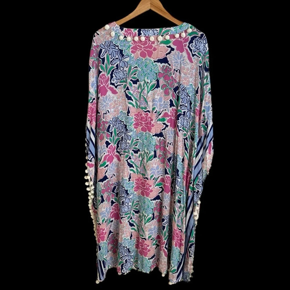 Crown & Ivy Size Large Floral Kimono Sleeve Caftan Dress Swim Cover Up Pom Pom L - Picture 3 of 8